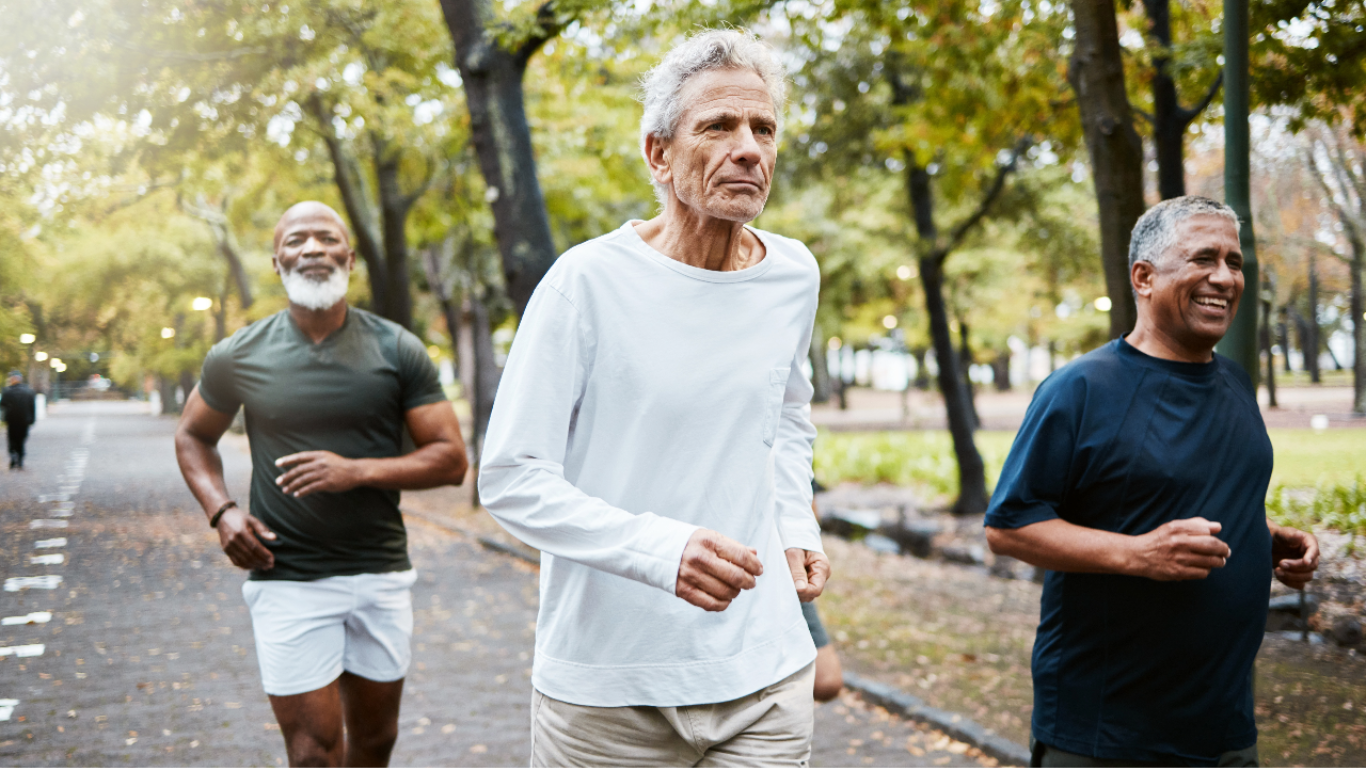 A group of older men gathered for a health-related activity.