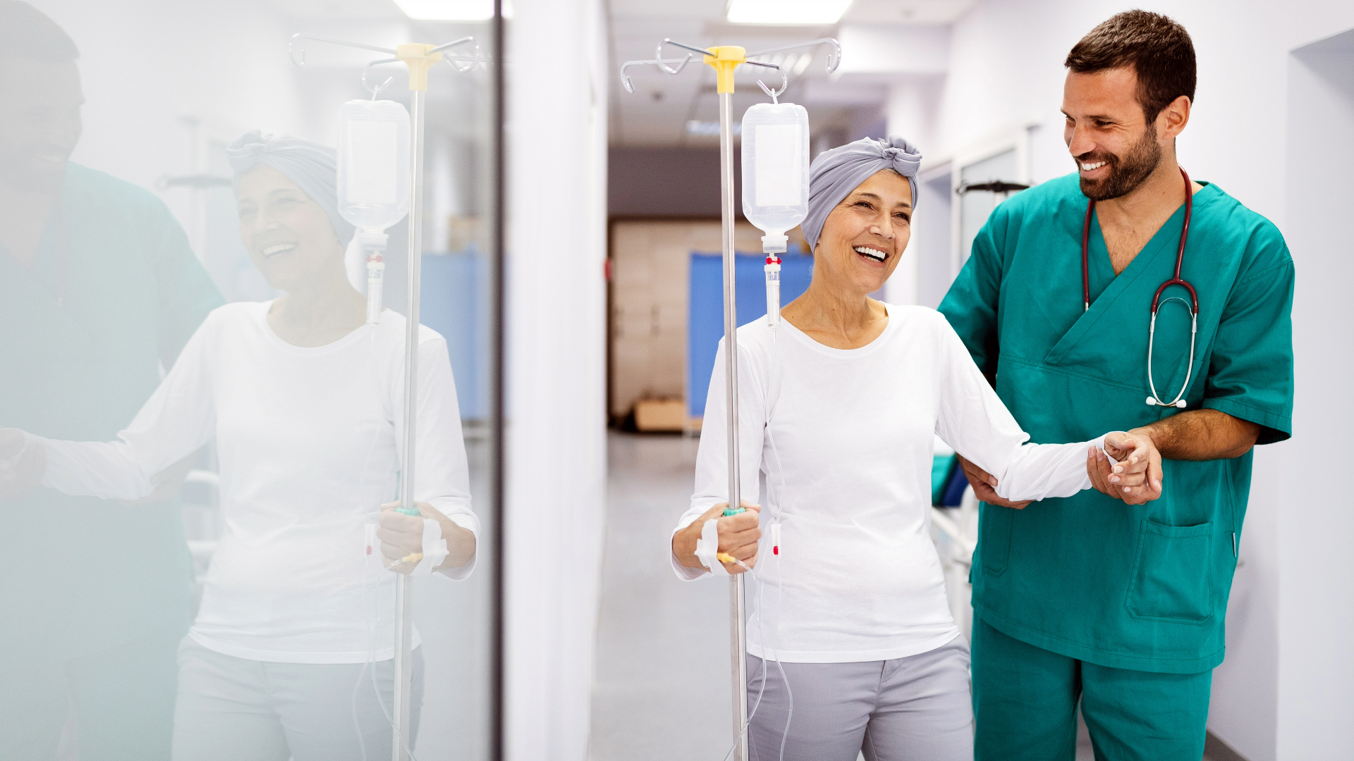 A compassionate nurse providing care and support to a cancer patient during a medical appointment.